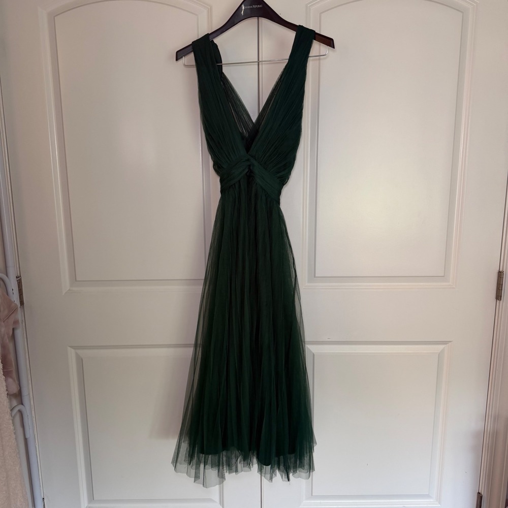 ASOS Women Forest Green Tulle Midi Dress V-Neck Open Back Formal Bridesmaid Sz 6